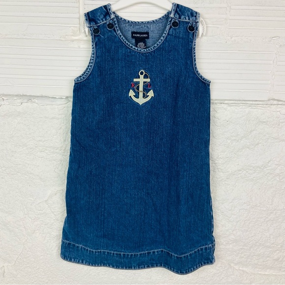 RALPH LAUREN denim jean sleeveless cotton nautical embroidered anchor dress SZ 6 - Picture 1 of 13